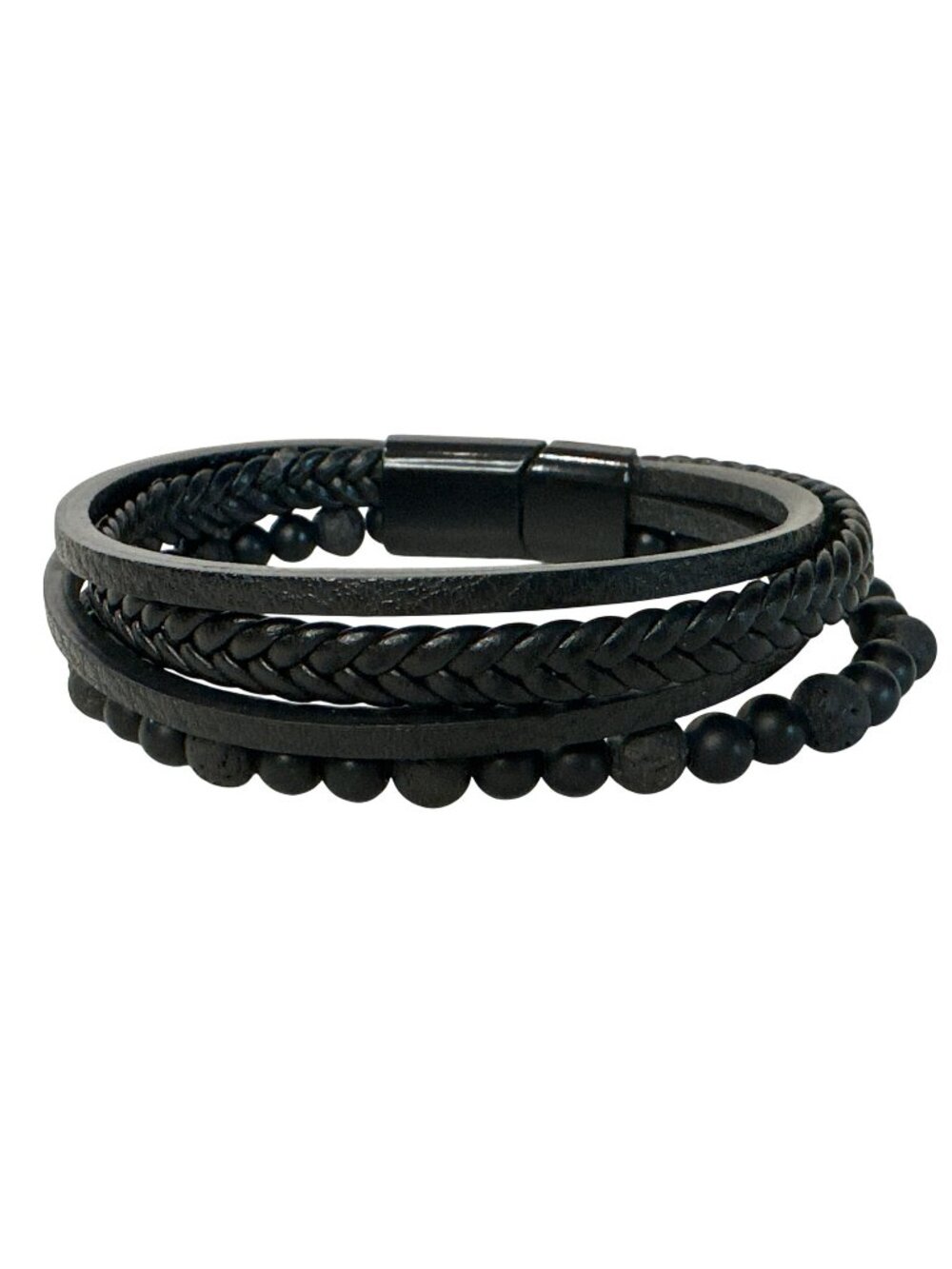 Unisex Bracelet Black Multi-Layer Leather Braided Beaded Strands Boho Artsy Lava